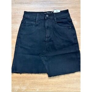 Ettelo XS Black Denim Mini Skirt Asymmetrical Frayed Hem Grunge Casual‎